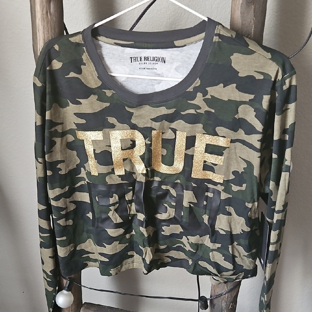 True Religion Camo Long Sleeve with Gold Accents Crop Top
